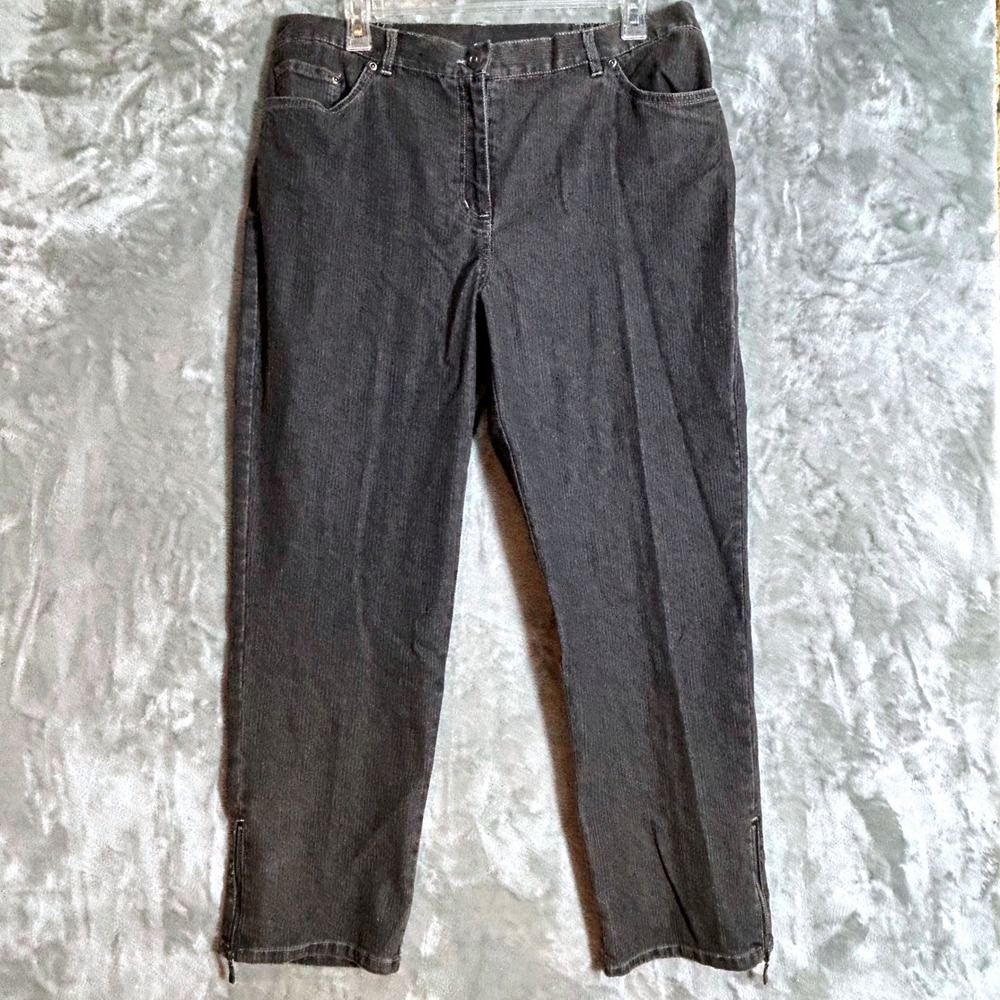 Ruby Rd Red Alert Graphite Grey Straight Leg Ankle Zip Denim Pants Womens 12 NWT